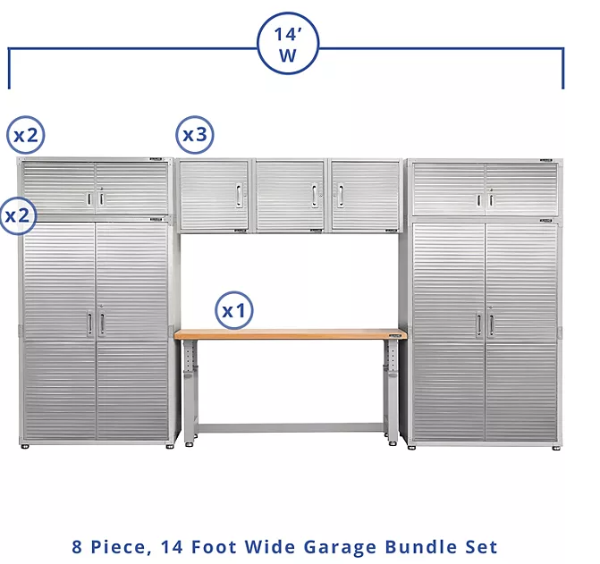 Seville Classics UltraHD 8-Piece Steel Garage Cabinet Storage Set With Height Adjustable Workbench, 14 Feet Wide