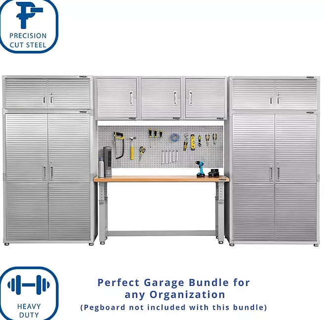 Seville Classics UltraHD 8-Piece Steel Garage Cabinet Storage Set With Height Adjustable Workbench, 14 Feet Wide