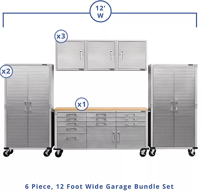 Seville Classics UltraHD 6-Piece Steel Garage Cabinet Storage Set With Rolling Workbench, 12 Feet Wide