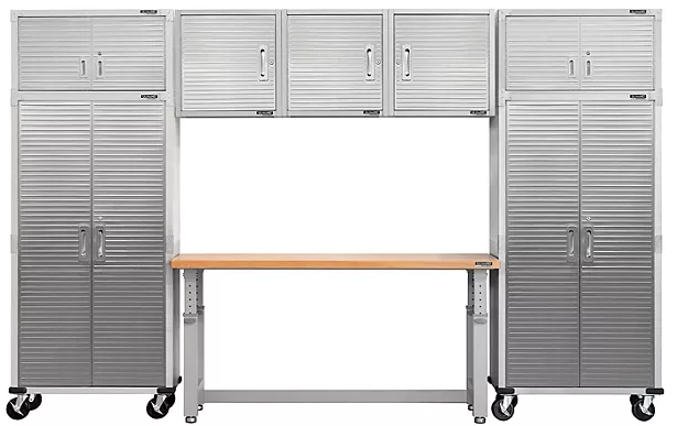 Seville Classics UltraHD 8-Piece Steel Garage Cabinet Storage Set With Height Adjustable Workbench, 12 Feet Wide