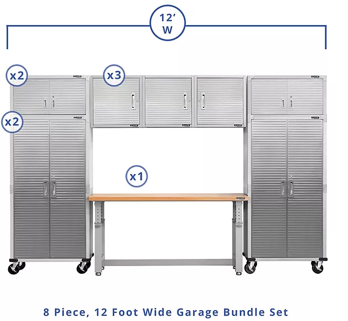 Seville Classics UltraHD 8-Piece Steel Garage Cabinet Storage Set With Height Adjustable Workbench, 12 Feet Wide