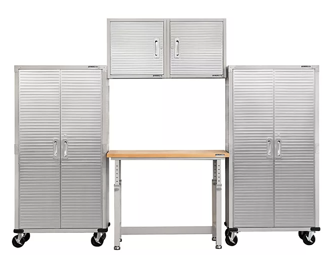 Seville Classics UltraHD® 5-Piece Steel Garage Cabinet Storage Set With Height Adjustable Workbench, 10 Feet Wide