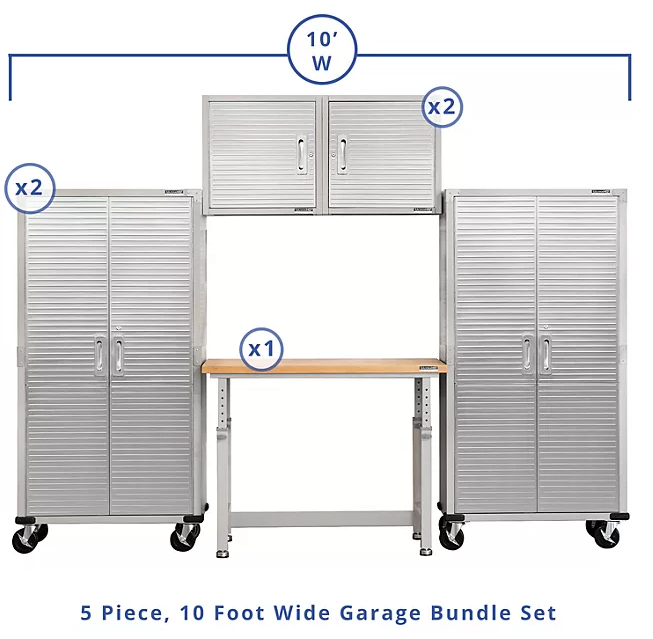 Seville Classics UltraHD® 5-Piece Steel Garage Cabinet Storage Set With Height Adjustable Workbench, 10 Feet Wide