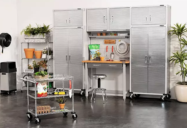 Seville Classics UltraHD 7-Piece Steel Garage Cabinet Storage Set With Pegboard Workbench, 10 Feet Wide