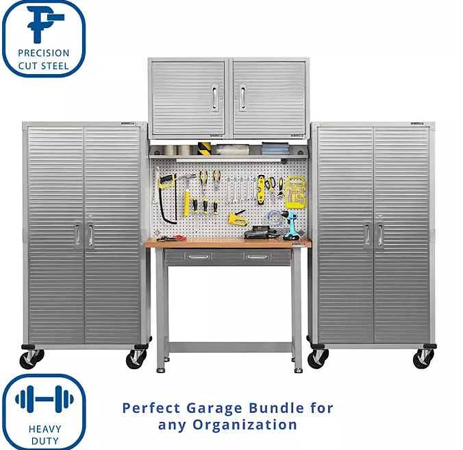 Seville Classics UltraHD 5-Piece Steel Garage Cabinet Storage Set With Pegboard Workbench, 10 Feet Wide