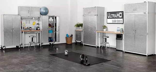 Seville Classics UltraHD 5-Piece Steel Garage Cabinet Storage Set With Pegboard Workbench, 10 Feet Wide