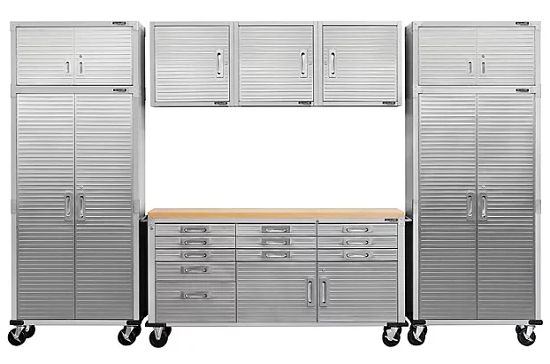 Seville Classics® UltraHD® 8-Piece Steel Garage Cabinet Storage Set With Rolling Workbench, 12 Feet Wide