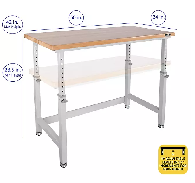 Seville Classics® UltraHD® Height Adjustable Workbench, 60" W x 24" D x 28.5-42"H