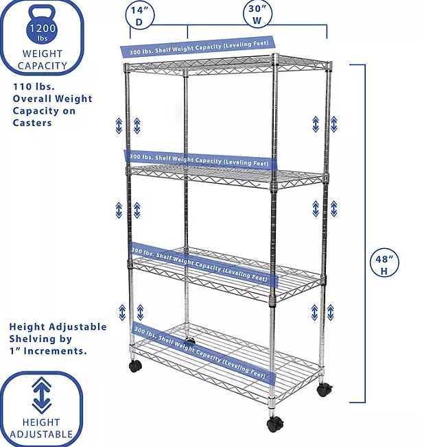 Seville Classics 4-Tier Steel Wire Shelving, 30" x 14" x 48" H