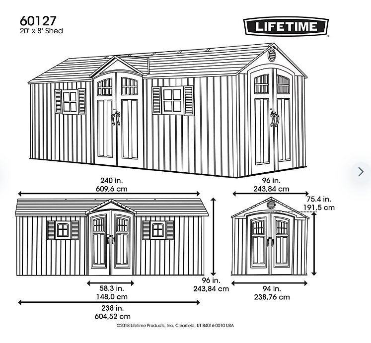 Lifetime 20' x 8' Outdoor Storage Shed (Dual Entry)