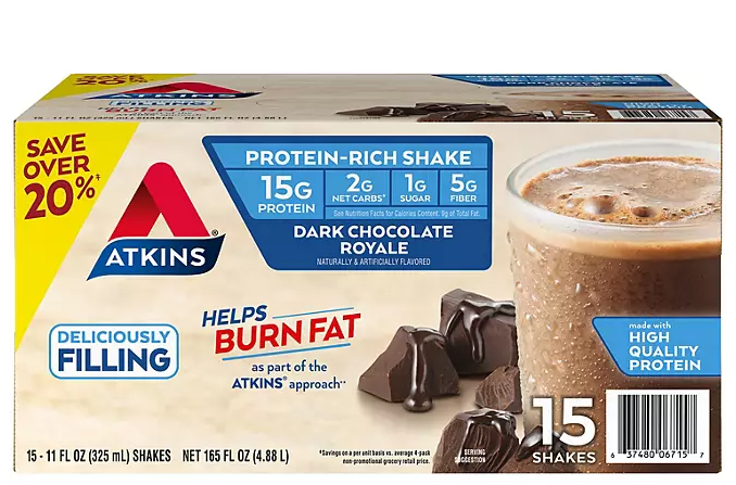 Atkins 15g Keto Protein Shake, Dark Chocolate Royale (11 fl. oz., 15 pk.)