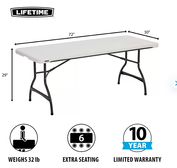 Lifetime 6' Commercial Grade Stacking Folding Table, Assorted Colors