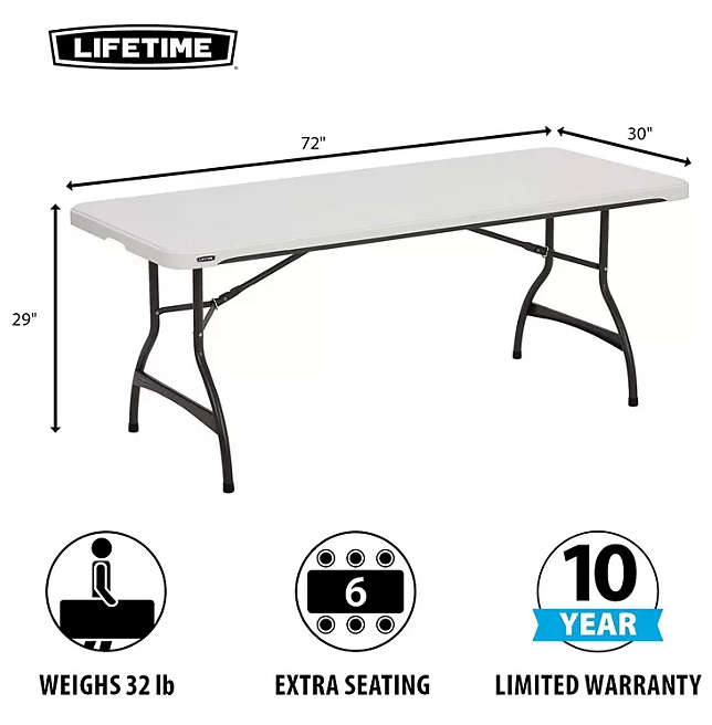 Lifetime 6' Commercial Grade Stacking Folding Table, Assorted Colors