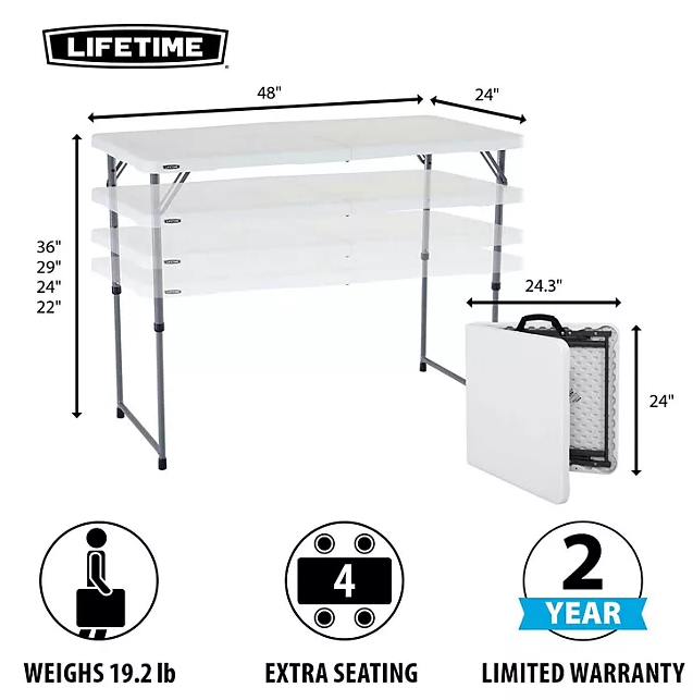 Lifetime 4' Fold-in-Half Adjustable Light Commercial Grade Table, White Granite