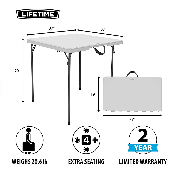 Lifetime 37-Inch Square Fold-In-Half Table (Light Commercial), 280228