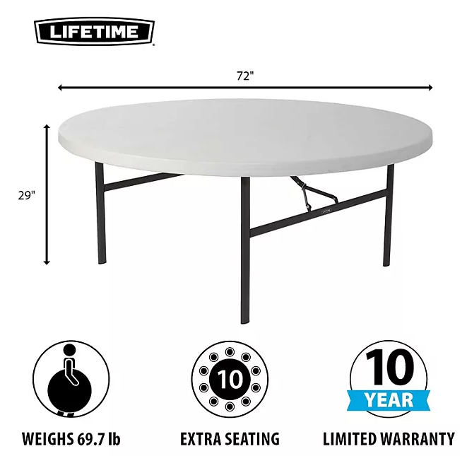 Lifetime 72" Round Commercial Grade Folding Table, 4 Pack - White Granite