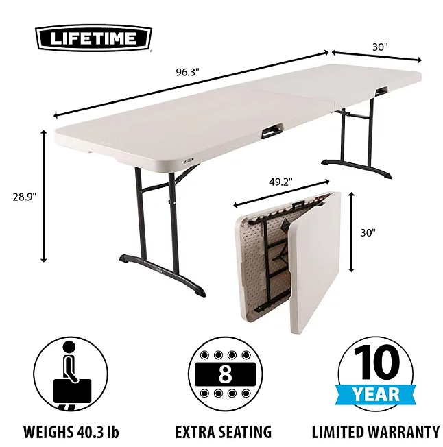 Lifetime 8' Fold-in-Half Commercial Grade Table, Almond