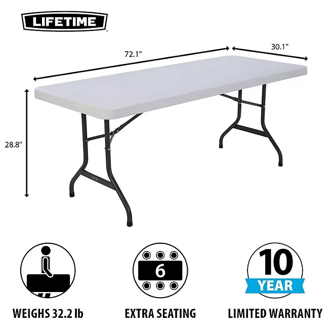Lifetime 6' Commercial Grade Stacking Folding Table, 4 Pack, Choose a Color
