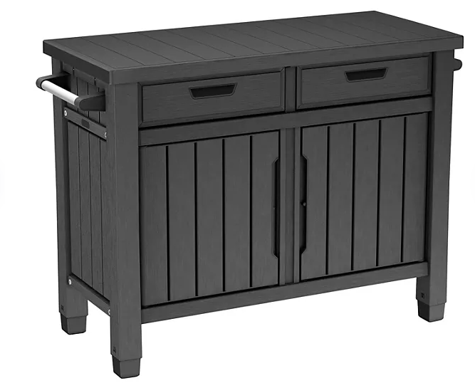 Keter Outdoor Grill Table, Buffet, Entertainment and Storage Cabinet w/ Drawers, Graphite Gray