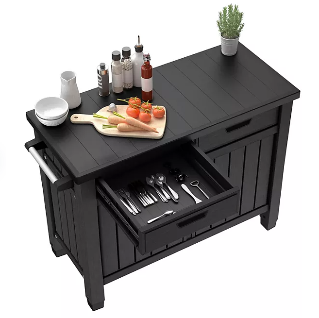 Keter Outdoor Grill Table, Buffet, Entertainment and Storage Cabinet w/ Drawers, Graphite Gray