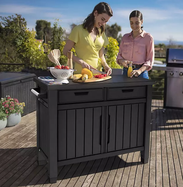 Keter Outdoor Grill Table, Buffet, Entertainment and Storage Cabinet w/ Drawers, Graphite Gray