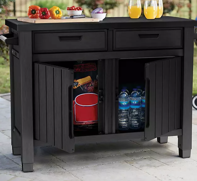 Keter Outdoor Grill Table, Buffet, Entertainment and Storage Cabinet w/ Drawers, Graphite Gray