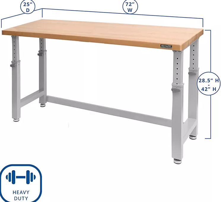 UltraHD® Height Adjustable Heavy Duty Workbench, 72" x 25", Solid Wood Top - Eshop House LLC