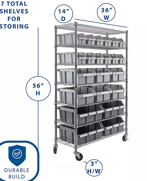 Seville Classic  Steel Commercial Bin Rack With Wheels, 22 Bins, 36" W x 14" D x 56" H - Eshop House LLC