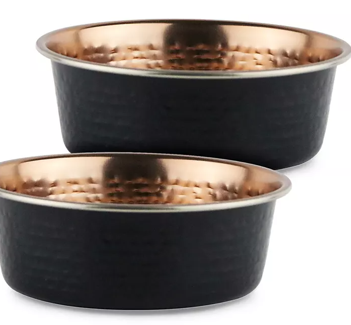 Matte Black & Hammered Copper Dog Bowl w/ Silicone Feet, 2 pk. (Choose Size) - Eshop House LLC