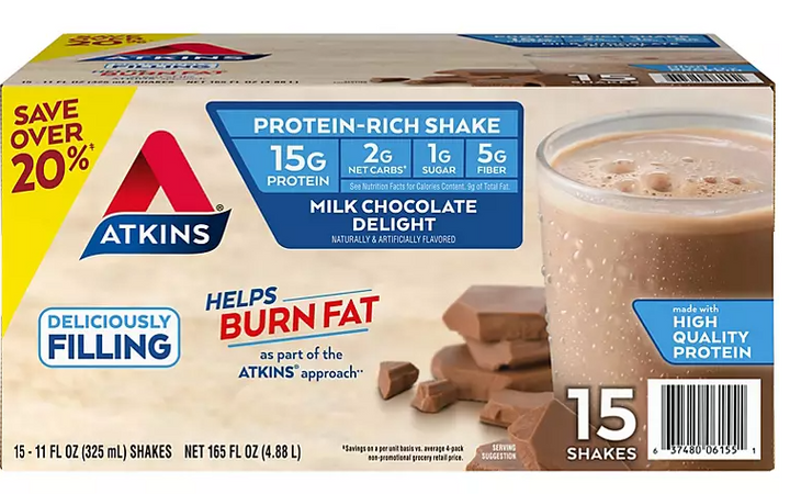 Atkins Gluten Free Protein-Rich Shake, Milk Chocolate Delight, Keto Friendly (15 pk.)